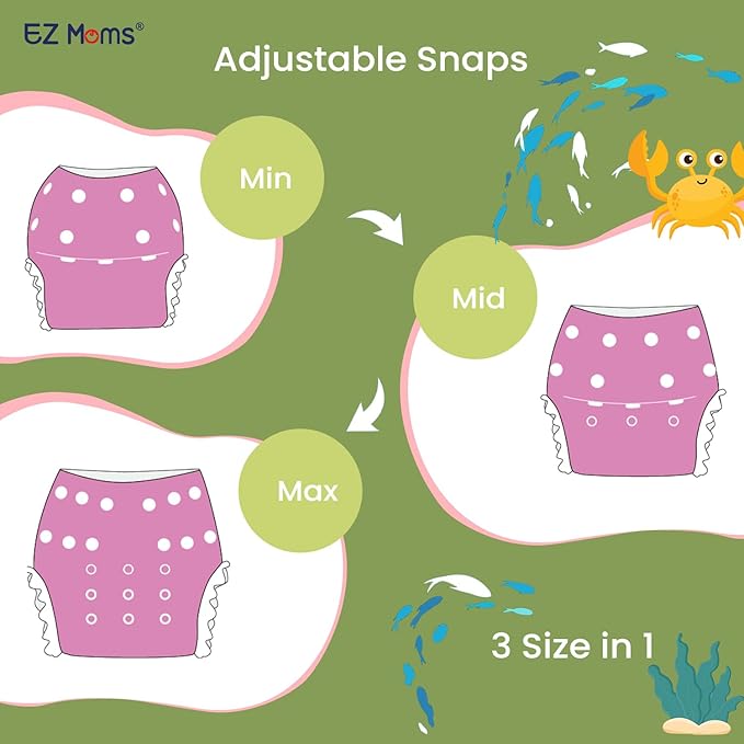 EZ Moms Baby Swim Diapers Reusable 2Pcs Snap One Size Adjustable Washable Newborn Infant Swim Diaper with a Shammy Towel for Baby Girl Water Diaper Waterproof Swimming Diapers for Swimming Lessons