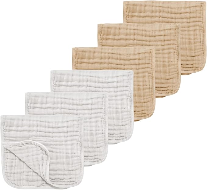 Muslin Solid Burp Cloths 100% Cotton Large 18''x10'' Extra Soft and Absorbent Multifunctional 6 Pack Baby Burping Cloth for Unisex Boys Girls (White+Khaki)