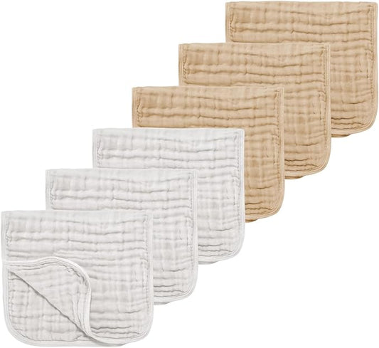 Muslin Solid Burp Cloths 100% Cotton Large 18''x10'' Extra Soft and Absorbent Multifunctional 6 Pack Baby Burping Cloth for Unisex Boys Girls (White+Khaki)