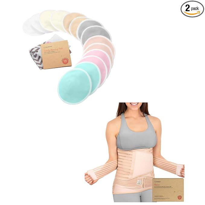 Keababies Reusable Nursing Pads and 3 in 1 Postpartum Belly Support Recovery Wrap - 14 Washable Organic Breastfeeding Pads + Wash Bag - Postpartum Belly Band