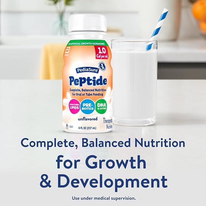 PediaSure Peptide 1.0 Cal, Peptide-Based Formula, Complete, Balanced Nutrition for Oral or Tube Feeding, Unflavored, 8-fl-oz Bottle, Pack of 24