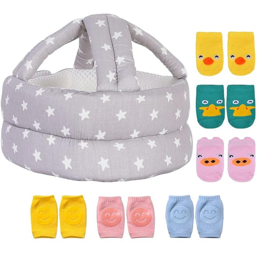 Baby Adjustable Helmet with 3 Pairs Baby Knee Pads for Crawling & 3 Pairs Baby Socks,Lightweight and Soft, Great for Baby Learning to Walk and Crawl. Gray Star+6