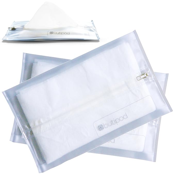 Butipods Reusable Travel Wipes Case - Portable Moisture-Retaining Pouch, Slim Holder and Convenient Container for Diaper Bag, Dispenser for Hand, Face, Makeup Removal, and Wet Wipes - Set of 2 (Clear)