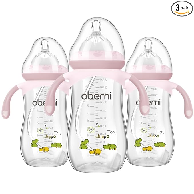 Oberni Baby Bottle 330ml, 11oz Weighted Straw Toddler Milk Feeding Bottle with Size “+” Variable Flow Teat for 12m+, Pink/ 3 Pack