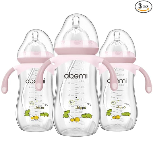 Oberni Baby Bottle 330ml, 11oz Weighted Straw Toddler Milk Feeding Bottle with Size “+” Variable Flow Teat for 12m+, Pink/ 3 Pack