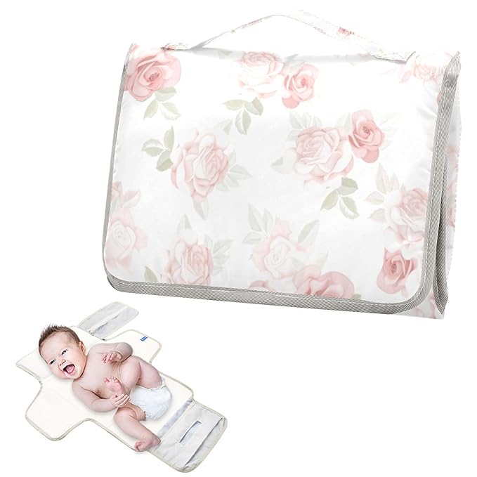 Pink Roses Portable Diaper Changing Pad with Wipes Holder, Beautiful Flower Leaves Foldable Baby Diaper Changer Travel Bag Beauty Floral Baby Changing Mat with Built-in Pillow for Newborn