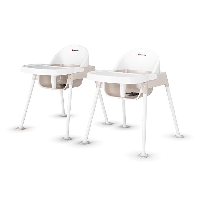 Foundations Secure Sitter 7-13" Adjustable Height Feeding Chair, 3 Pack, Stable “No Tip” Feet, 3-Point Adjustable Harness, Removable Tray, Easy to Clean, Smooth Plastic, White/Tan