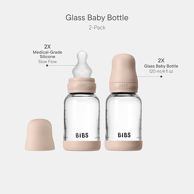 BIBS Glass Baby Bottles 2-Pack, 4 Oz. Anti-Colic System for Gas Reduction. Vented Round Silicone Nipple. Supports Infant and Newborn Breastfeeding - 120 ml (Pack of 2), Blush
