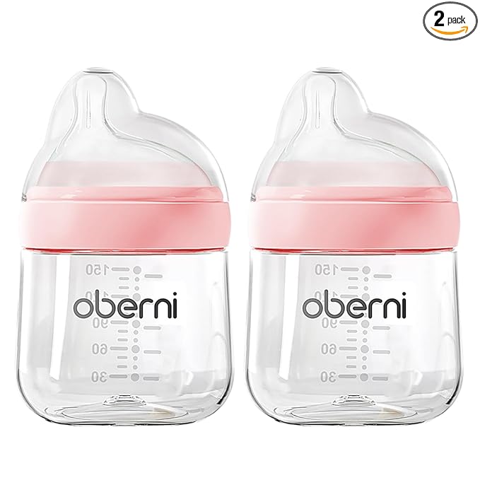 Oberni Baby Bottles with Slow Off-Centered Nipple for 0+ Months, Anti Colic Newborn Milk Feeding Bottle, 150ml/5oz/Pink/2Pack