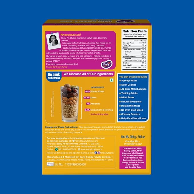 Early Foods - Organic Instant Wheat, Almond & Date Porridge Mix 200g - Indian Baby Foods, Vegan Baby Food, 100% Plant Based
