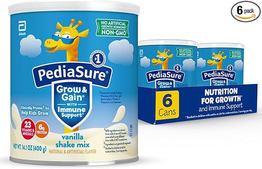 PediaSure Grow & Gain with Immune Support Shake Mix Powder, 23 Vitamins & Minerals, 6g Protein, Non-GMO, Gluten-Free, Kids Nutrition, Vanilla, 14.1 oz Can, Pack of 6-48 Servings
