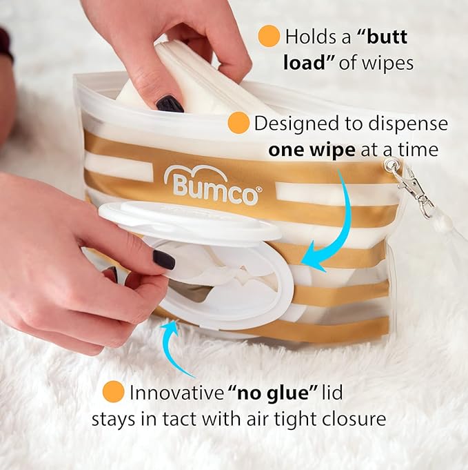 BUMCO Airtight Wipes Dispenser, Keeps Wet, Reusable Refillable Pouch, Diaper Bag Organizer for Travel, Carrying Clutch, Unique Baby Gift for Girl Boy [Blue]