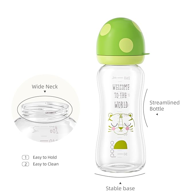 YOHKOH Natural Glass Baby Bottle with Level 2 Medium Flow Nipple, Newborn Anti-Colic Baby Bottles, Wide Neck Mushroom Baby Glass Bottle (8.8ounce (Pack of 4), Green1)