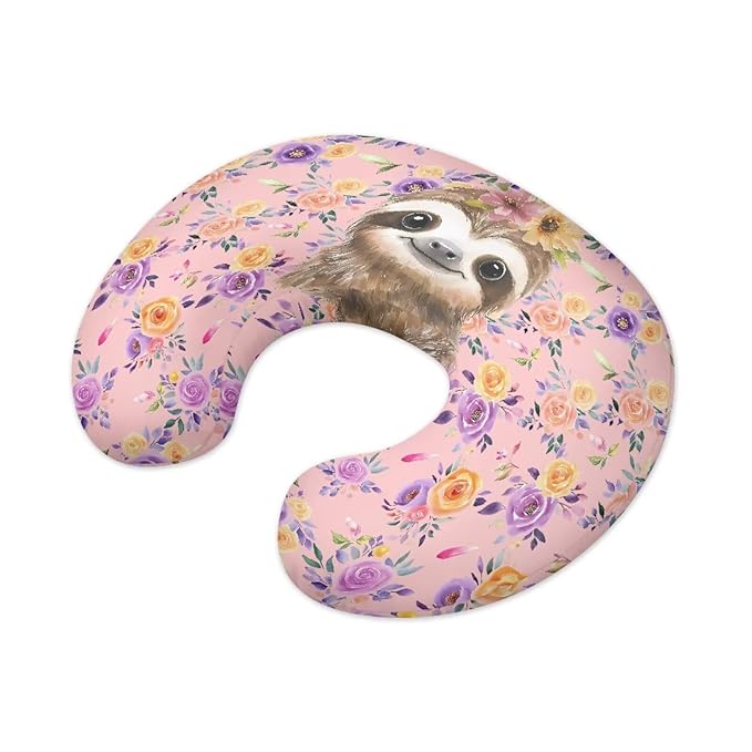Forchrinse Sloth Floral Nursing Pillow Cover Stretchy Removable Case for Breastfeeding Pillows,Ultra Soft Slipcover for Baby Girl and Boy Comfortable