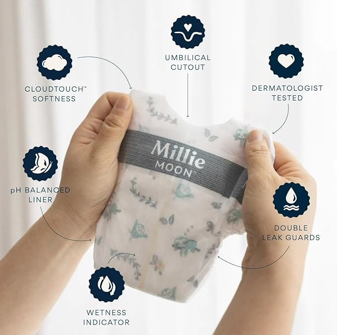Millie Moon Luxury Disposable Baby Diapers Size 1 I 32 Count I, Ultra Soft Comfort, Absorbent Core for Day & Night Use, Wetness Indicator, Gentle Materials, Secure Fit