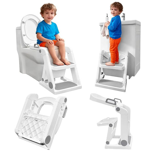 Potty Training Seat, Primlect Upgrade Toddler Toilet Seat for Kids Boys Girls, 2 in 1 Potty Training Toilet with Step Stool, Adjustable Seat and Ladder, Non-Slip Pad, Splash Guard (Light Grey)
