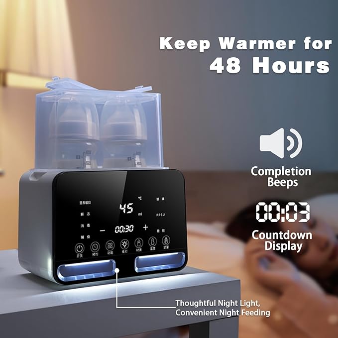 Losbenco Double Bottle Warmer and Steri-lizer, 8-in-1 Fast Baby Milk Warmer with Timer for Breastmilk or Formula, Multifunctional Bottle Warmer with Food Heater Defro