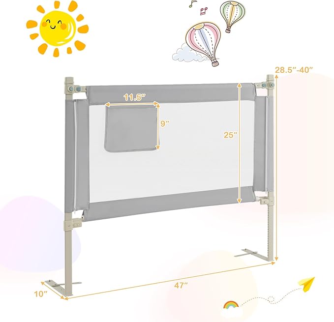BABY JOY Bed Rail for Toddlers, 47''Long, Height Adjustable & Foldable Baby Bed Rail Guard w/Storage Pocket & Double Safety Child Lock for Kids Twin Double Full Size Queen King Mattress (Grey)