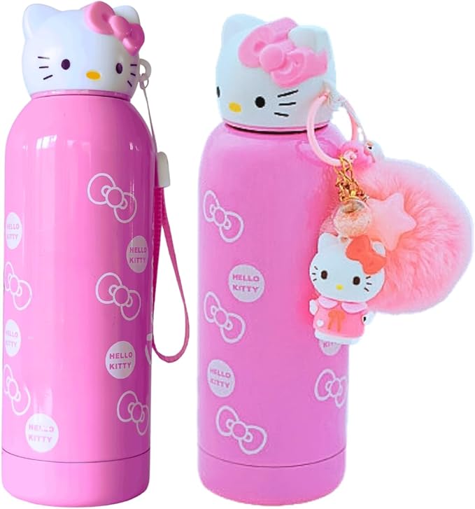 Hello Kitty 400 ml Insulated Water Bottle for Kids – Stainless Steel with 6-12h Heat Preservation with Sanrio Keychain (Pink)