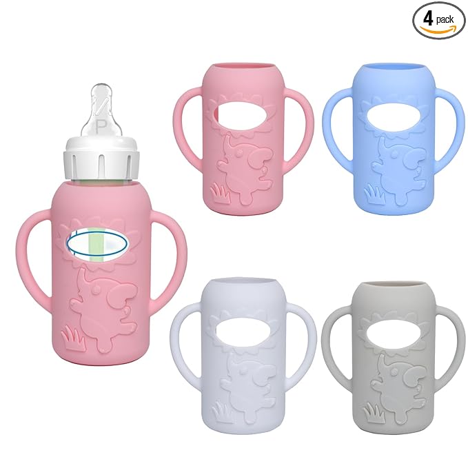 4 Pack Silicone Sleeves for Dr. Brown's Glass Baby Bottles -Drop Protection Easy-Grip Baby Bottle Sleeves Holder with Handles, Compatible with Dr. Brown's Newborn Glass Bottles 4 oz/120 ml