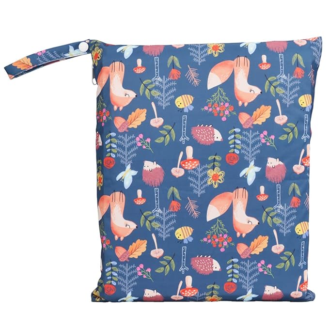 Wet Bag Baby Cloth Diaper Nappy Bag Reusable Washable With Two Zippered Pockets (Fox Hedgehog)