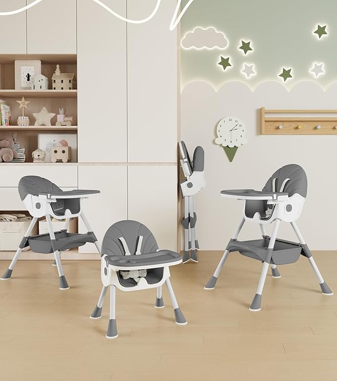 Baby High Chair, 5 in 1 High Chairs for Babies and Toddlers, Travel Foldable High Chair with Detachable PU Cushion, Double Removable Tray, Adjustable Height & Recline, Locking Wheels (Grey)