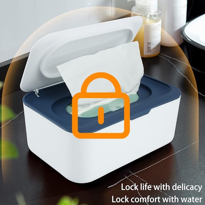 Wipes Dispenser, Dustproof Wet Tissue Box Baby Wipe Holder Large Capacity Wipes/Tissue Case with Moistur e Seal Secure Lid Keeps Wipes Fresh for Home, Office(Navy Blue)