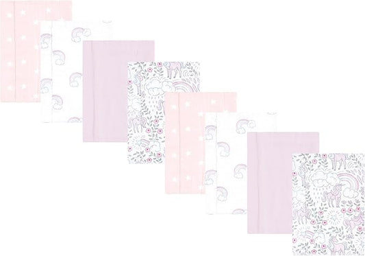 Hudson Baby Cotton Poly Flannel Burp Cloths Multipack, Dreamy Unicorn 8-Pack, One Size