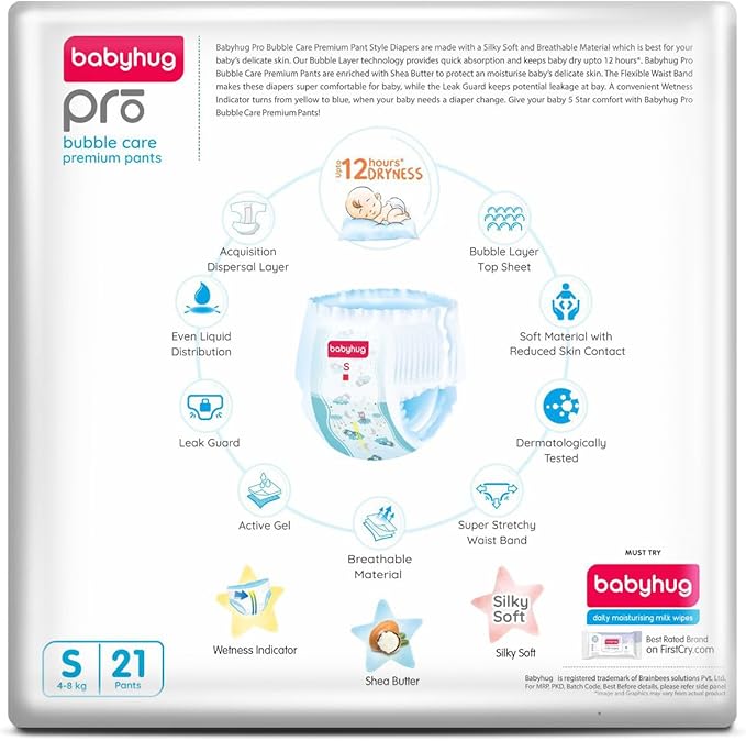 Baby Hug Pro Bubble Care Premium Pant Style Diapers Small (S) Size - 21 Pieces