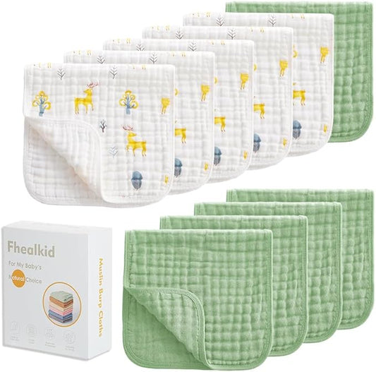 Muslin Burp Cloths Sets Newborn Baby Boy Essentials Must Haves 100% Cotton 10 Pack 20" X 10",6-Layer Baby Bibs & Burp Cloths for Baby Drool and Messes - Soft (DEERGREEN04, 10 - Pack 20"X10")