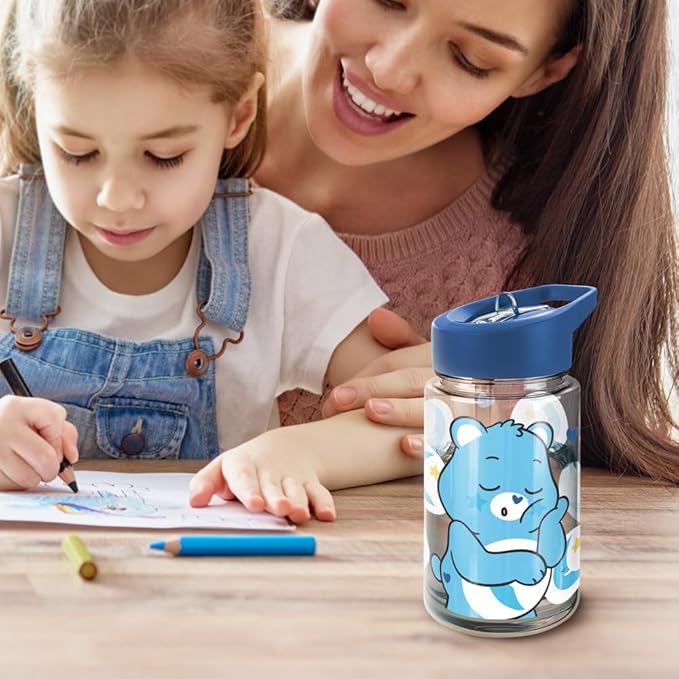 LOGOVISION Care Bears Kids Tritan Plastic Water Bottle with Straw Lid and Handle, Reusable Tumbler for Toddlers, Unisex for Girls and Boys, 12oz, Bedtime Bear Belly Pattern