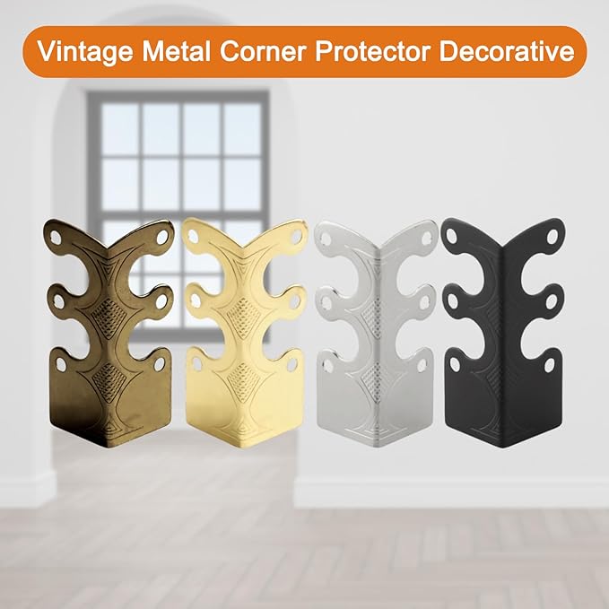 6Pcs Skiffers Baseboard Corner Protectors, Rustic Vintage Metal Corner Guard, Decorative Baseboard Shield, Brass Skirting Board Protection, Antique Bronze Furniture Edge Protector (Gold)
