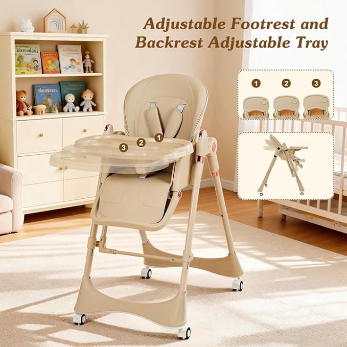 3-in-1 Baby High Chair with Soothing Rocker | Convertible Baby High Chair for Toddlers | Brake Wheels, Easy Clean, Space Saving | Adjustable, Removable Tray (Brown)