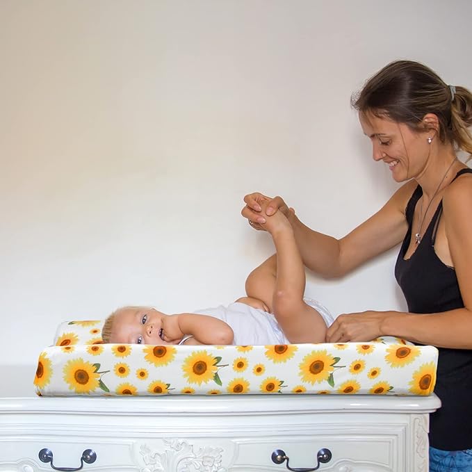 4 Pieces Muslin Sunflower Changing Pad Cover Diaper Fall Floral Change Table Sheets Thanksgiving Day Nursery Changing Pad Sheets Diaper Pad Cover for Baby Boys Girls, 31.5 x 15.75 Inches