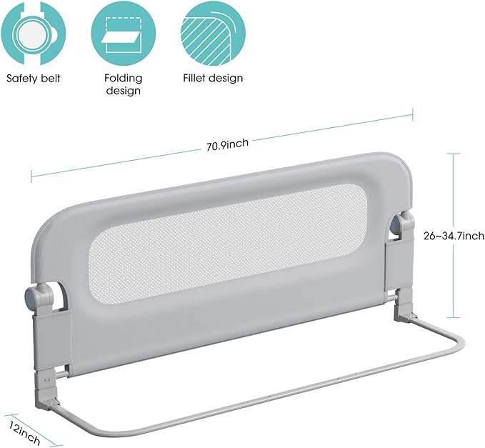 NUTIKAS Baby Bed Rail Guard for Toddlers - 70" Toddler Bed Rails for Twin, Full, Queen, King Bunk Size Bed Swing Down Bedrail Extral Tall Child Safety Side Railing Guards for Kids Gray