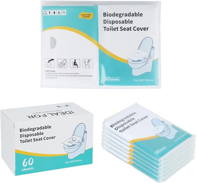 Disposable Toilet Seat Covers, 60 Sheets (6 Packs x 10), Extra Large, Flushable, Travel & Family Friendly