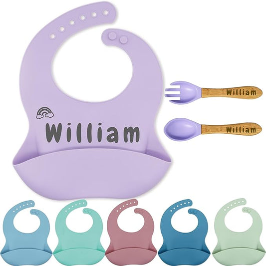 FCQIANKM Personalized Silicone Baby Bibs Spoon and Fork Set with Name Icon Custom Toddler Bibs Personalized Baby Gifts