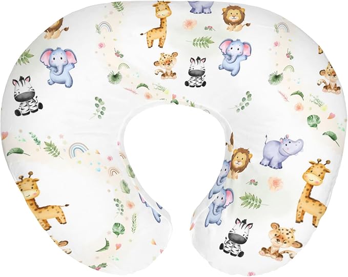 Safari Animals Tropical Leaves Flowers Baby Nursing Pillow Covers for Boy Girl Zoo Jungle Rainbow Nursery Pillowcase for Breastfeeding Pillows Lion Giraffe Elephant Hippo Soft Stretchy Slipcovers