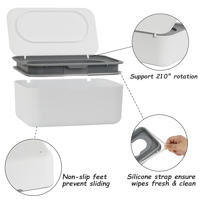 Wipes Dispenser with 4 Pack Portable Baby Wipe Case, Wipe Holder for Baby & Adult, Seposeve Refillable Wipe Container, Keeps Wipes Fresh, Easy Open/Close Wipes Pouch Case, Grey + 4 PureColor