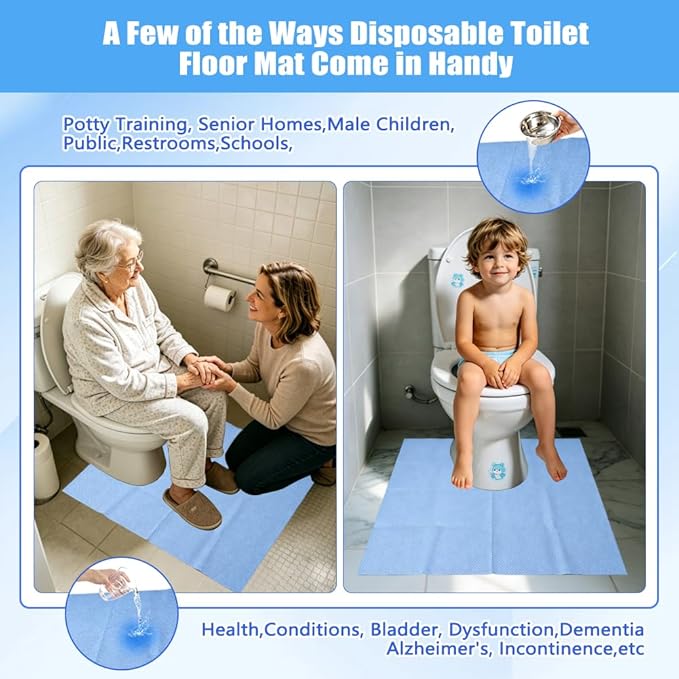 Upgraded 30 Pack Disposable Toilet Mats, Absorbent Toilet Floor Protector, Waterproof Non-Slip Potty Training Mats, U-Shape, Toilet Floor Pads for elderly, Children, Adult 24" x 22"( Heavyweight)