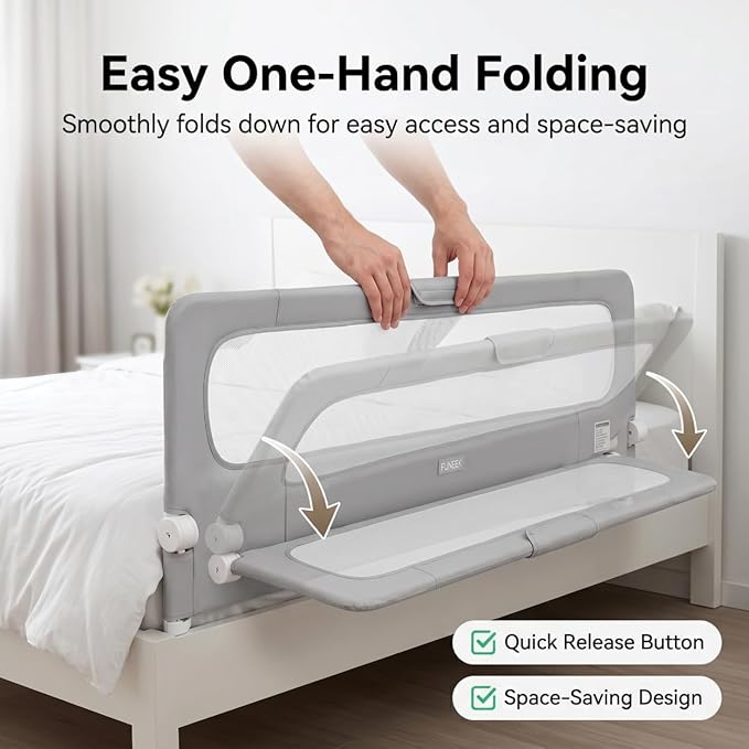 Bed Rail for Toddler, 71''L One-Button Swing Down Crib Rail, Bed Guard Rail for Bunk, Daybed, King, Twin, Full, Queen Size Beds, No Tool Easy Assembly