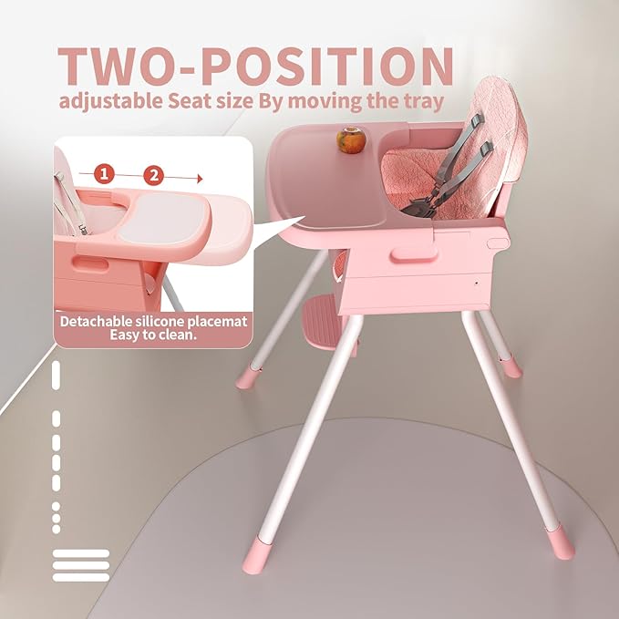 Portable High Chairs for Babies and Toddlers, Convertible Baby Feeding Chair with Tray, Easy Clean High Chair for Toddler with Foot Rest, Infant Highchairs & Booster Seats with Cushion Pink