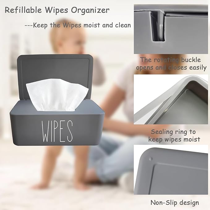 Sleek Baby Wipes Dispenser Easy to Access Bathroom Flushable Butt Wipes Container Holder Refillable,7.28" L x 4.80" W x 2.75" H (Grey)