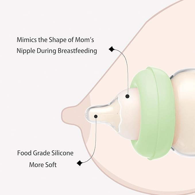 YOHKOH Natural Glass Baby Bottle with Level 1 Slow Flow Nipple, Newborn Anti-Colic Baby Bottles, Wide Neck Mushroom Baby Glass Bottle (Green, 3.4oz (Pack of 4))