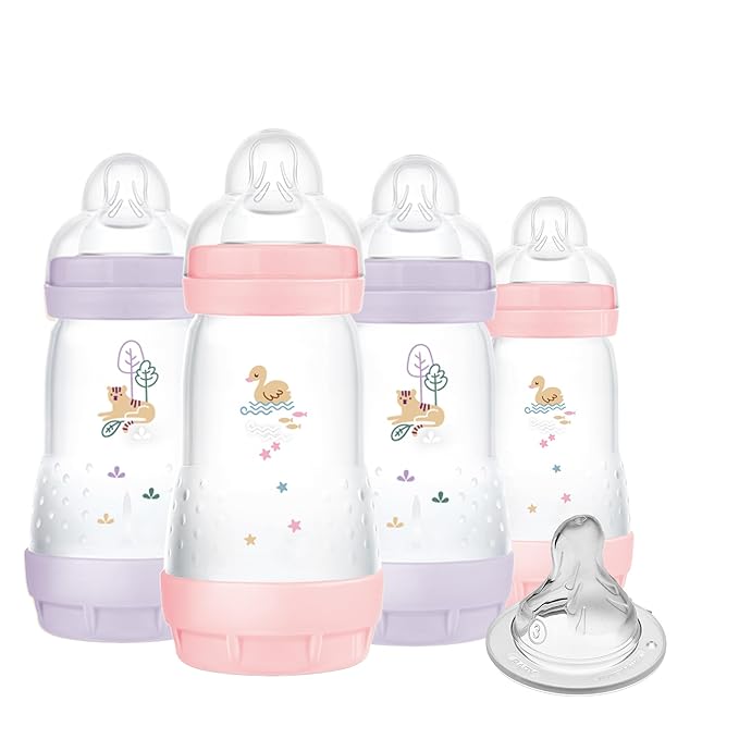 9 oz MAM Anti-Colic Bottle 4 Pack with Bonus Nipple & 8 oz MAM Trainer Cup with Extra-Soft Spout for Girls