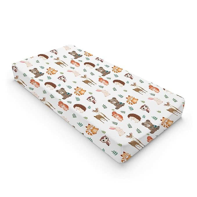 Cartoon Animals Leaves Changing Pad Cover Cute Bear Raccoon Squirrel Deer Rabbit Hedgehog Owl Change Table Cover for Boys Girls Soft Stretch Fitted Diaper Changing Mat Sheets 32''x16''