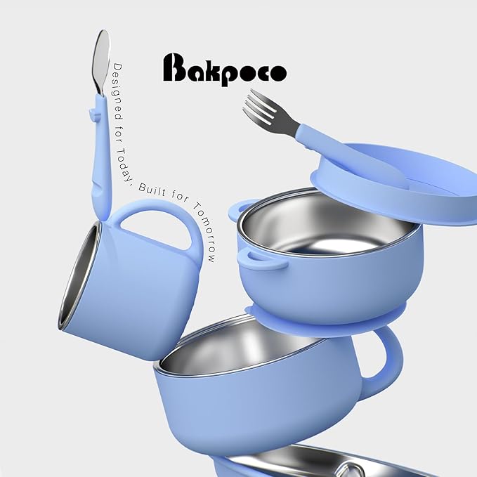 Bakpoco Kids Dinnerware Set - 6 Piese Toddler Plates and Suction Bowls Set with Kids Utensils&Cup, 2 IN 1 Stainless Steel & Silicone Baby Self Feeding Supplies, Blue