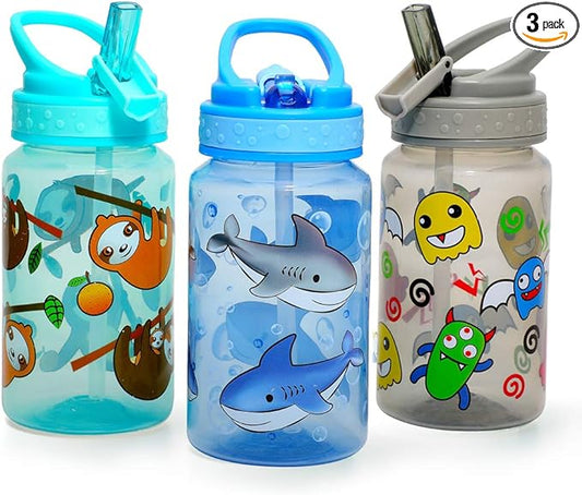 15oz Kids Water Drinking Bottle - BPA Free, Wide Mouth, Flip Straw Sip Lid, Easy Open, Lightweight, Leak-Proof Water Bottle Cute Design For Girls & Boys - 3 Pack Shark & Sloth & Monster
