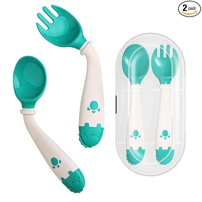 Deejoy Toddler Utensils, Self-feeding Flatware Set withTravel Case, Baby Spoons and Forks with Silicone Bendable Handle, Easy Grip Heat-Resistant, Ideal for Kids, Stage 2 Green