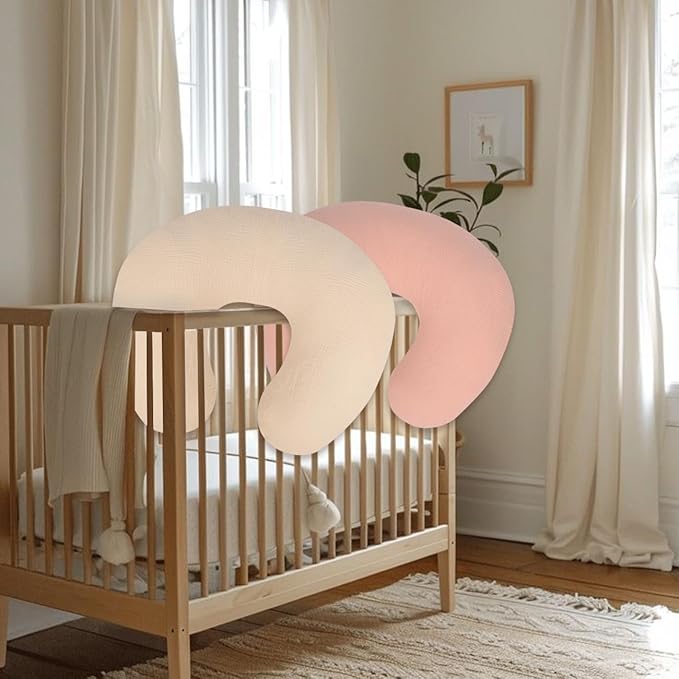 Nursing Pillow Cover - 2-Pack Muslin Cotton Removable Covers for Breastfeeding Pillows, Ultra-Soft Baby Feeding Pillowcase for Newborns, Fits 22.5"x18" Pillows (Pink & Cream)